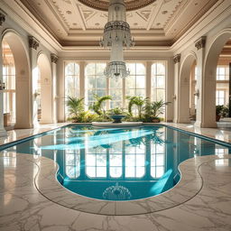 A luxurious pool scene filled with still clear water, surrounded by opulent marble flooring