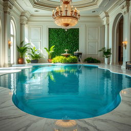 A luxurious pool scene filled with still clear water, surrounded by opulent marble flooring