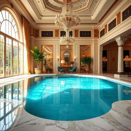 A luxurious pool scene filled with still clear water, surrounded by opulent marble flooring