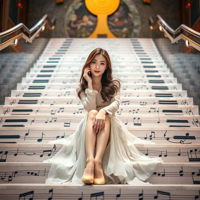 A beautiful Korean woman posing gracefully and charmingly sitting on large musical stairs, facing the camera with a soft smile