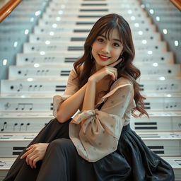 A beautiful Korean woman posing gracefully and charmingly sitting on large musical stairs, facing the camera with a soft smile