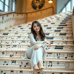 A beautiful Korean woman posing gracefully and charmingly sitting on large musical stairs, facing the camera with a soft smile