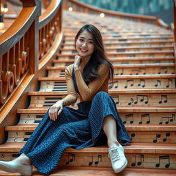 A beautiful Korean woman posing gracefully and charmingly sitting on large musical stairs, facing the camera with a soft smile