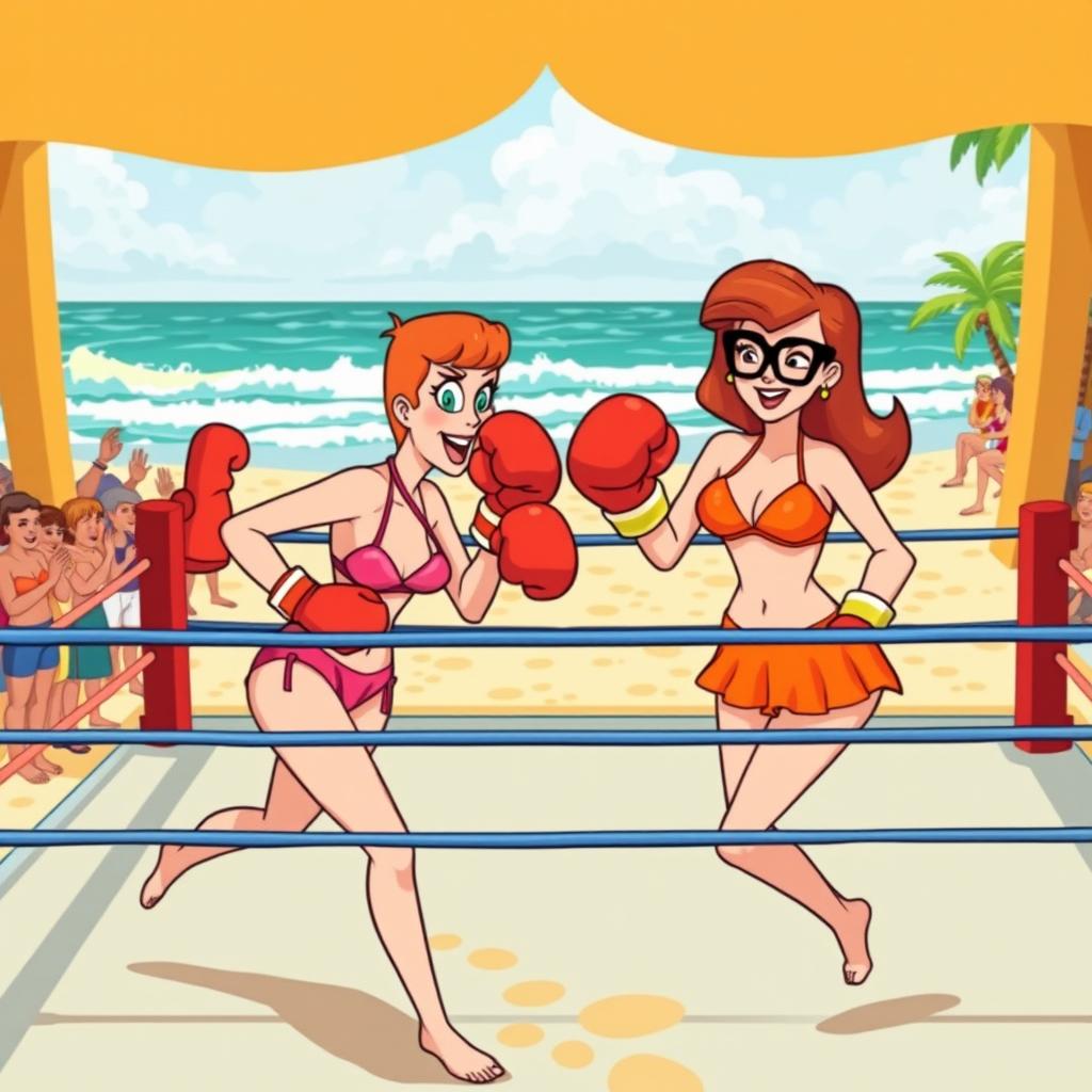 A dynamic scene of Daphne Blake and Velma Dinkley engaged in a playful bikini boxing match inside a boxing ring at a beach