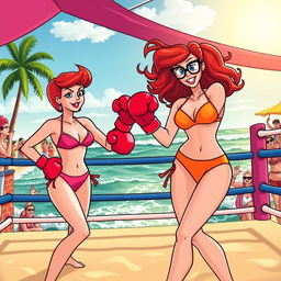 A dynamic scene of Daphne Blake and Velma Dinkley engaged in a playful bikini boxing match inside a boxing ring at a beach