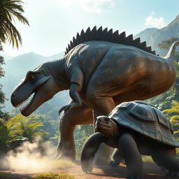 A hyper-realistic depiction of a gigantic Tyrannosaurus rex and an equally massive turtle standing side by side in a lush prehistoric environment