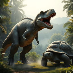 A hyper-realistic depiction of a gigantic Tyrannosaurus rex and an equally massive turtle standing side by side in a lush prehistoric environment