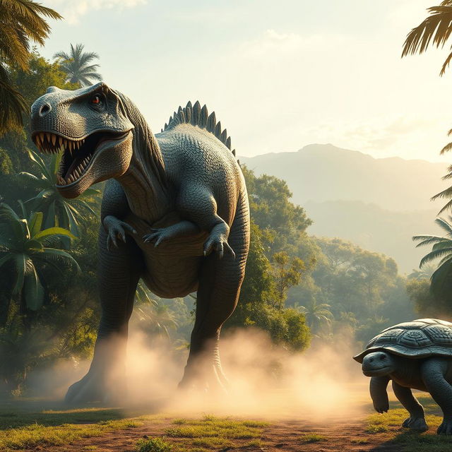 A hyper-realistic depiction of a gigantic Tyrannosaurus rex and an equally massive turtle standing side by side in a lush prehistoric environment