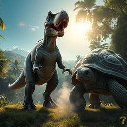 A hyper-realistic depiction of a gigantic Tyrannosaurus rex and an equally massive turtle standing side by side in a lush prehistoric environment