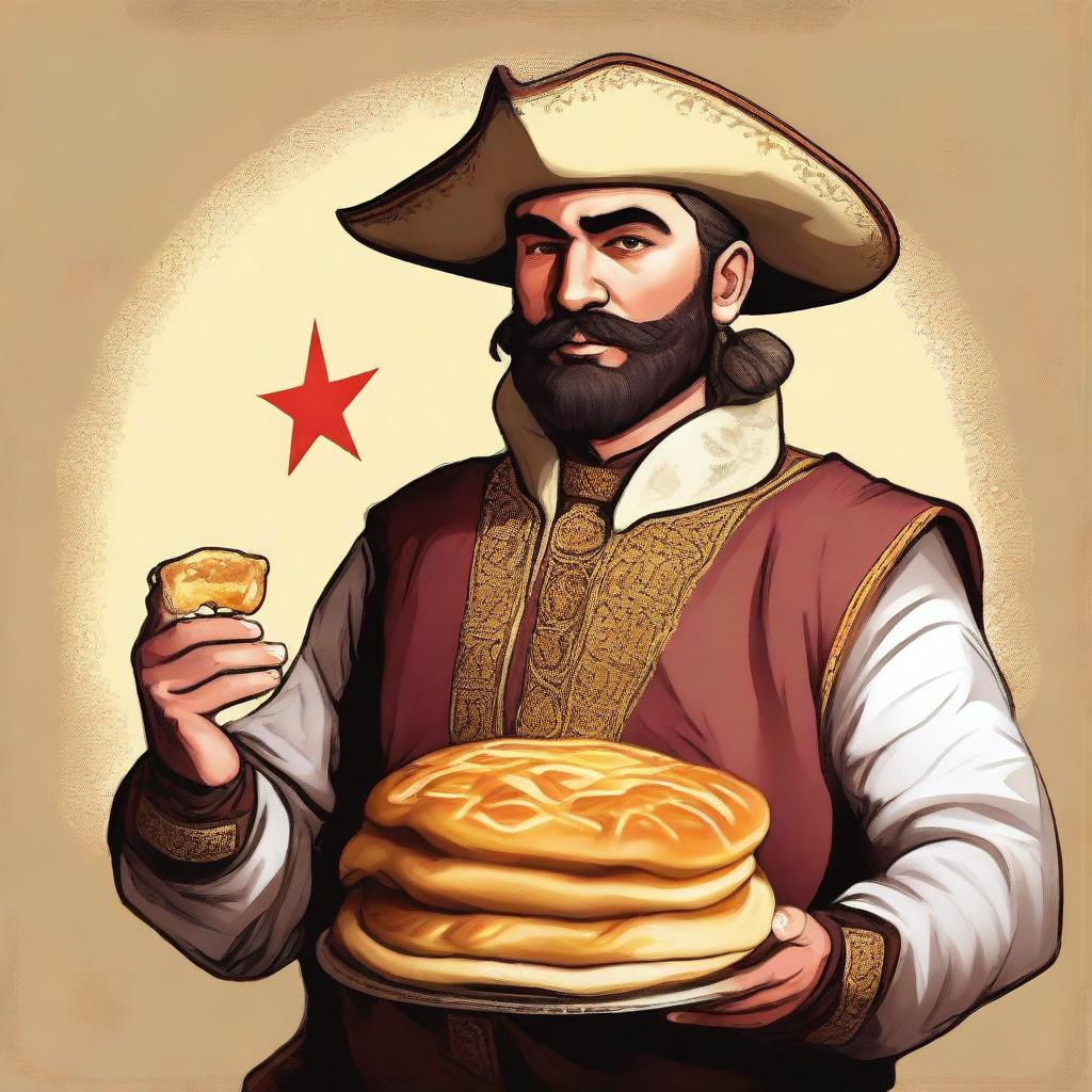 A high-quality digital art image depicting a Georgian ranger dressed in traditional attire, holding a freshly made Khachapuri