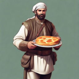 A high-quality digital art image depicting a Georgian ranger dressed in traditional attire, holding a freshly made Khachapuri