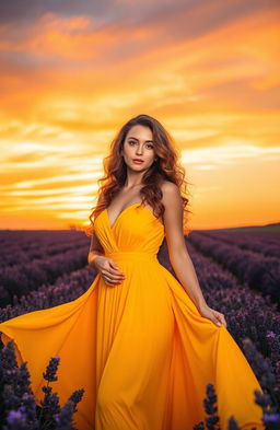 A beautiful woman standing gracefully in front of a stunning sunset, wearing a vibrant yellow dress that flows elegantly around her
