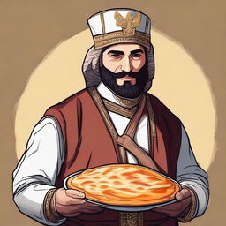 A high-quality digital art image depicting a Georgian ranger dressed in traditional attire, holding a freshly made Khachapuri