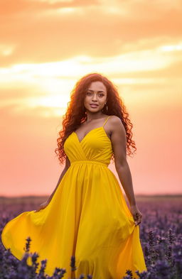 A beautiful woman standing gracefully in front of a stunning sunset, wearing a vibrant yellow dress that flows elegantly around her