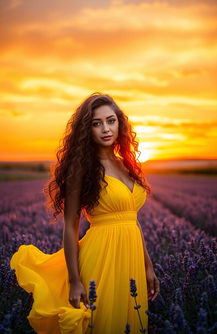 A beautiful woman standing gracefully in front of a stunning sunset, wearing a vibrant yellow dress that flows elegantly around her