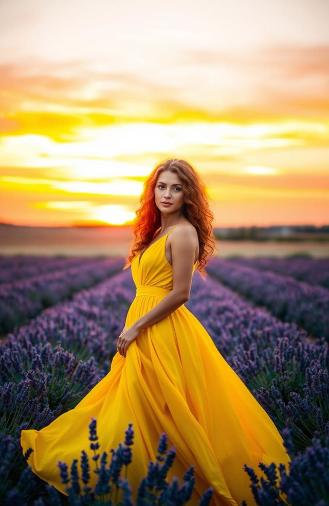 A beautiful woman standing gracefully in front of a stunning sunset, wearing a vibrant yellow dress that flows elegantly around her