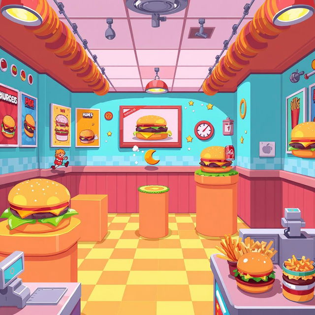A pixel art style platformer level set in a vibrant hamburger restaurant