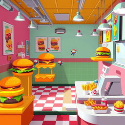 A pixel art style platformer level set in a vibrant hamburger restaurant