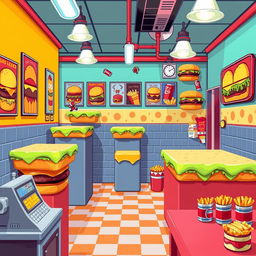 A pixel art style platformer level set in a vibrant hamburger restaurant
