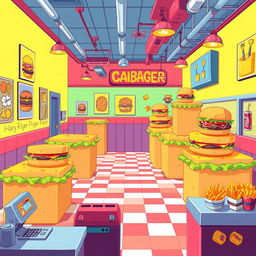 A pixel art style platformer level set in a vibrant hamburger restaurant