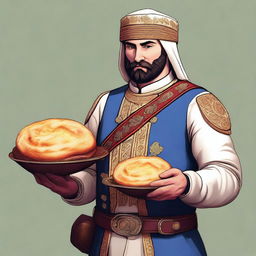 A high-quality digital art image depicting a Georgian ranger dressed in traditional attire, holding a freshly made Khachapuri