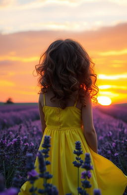 A beautiful girl with wavy curly hair, gazing at a stunning sunset