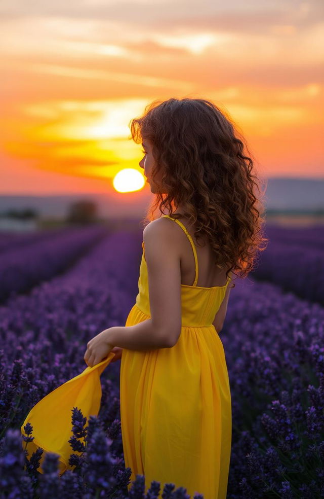 A beautiful girl with wavy curly hair, gazing at a stunning sunset