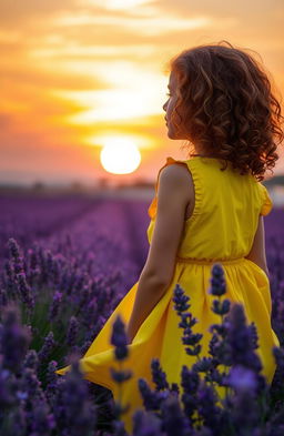 A beautiful girl with wavy curly hair, gazing at a stunning sunset