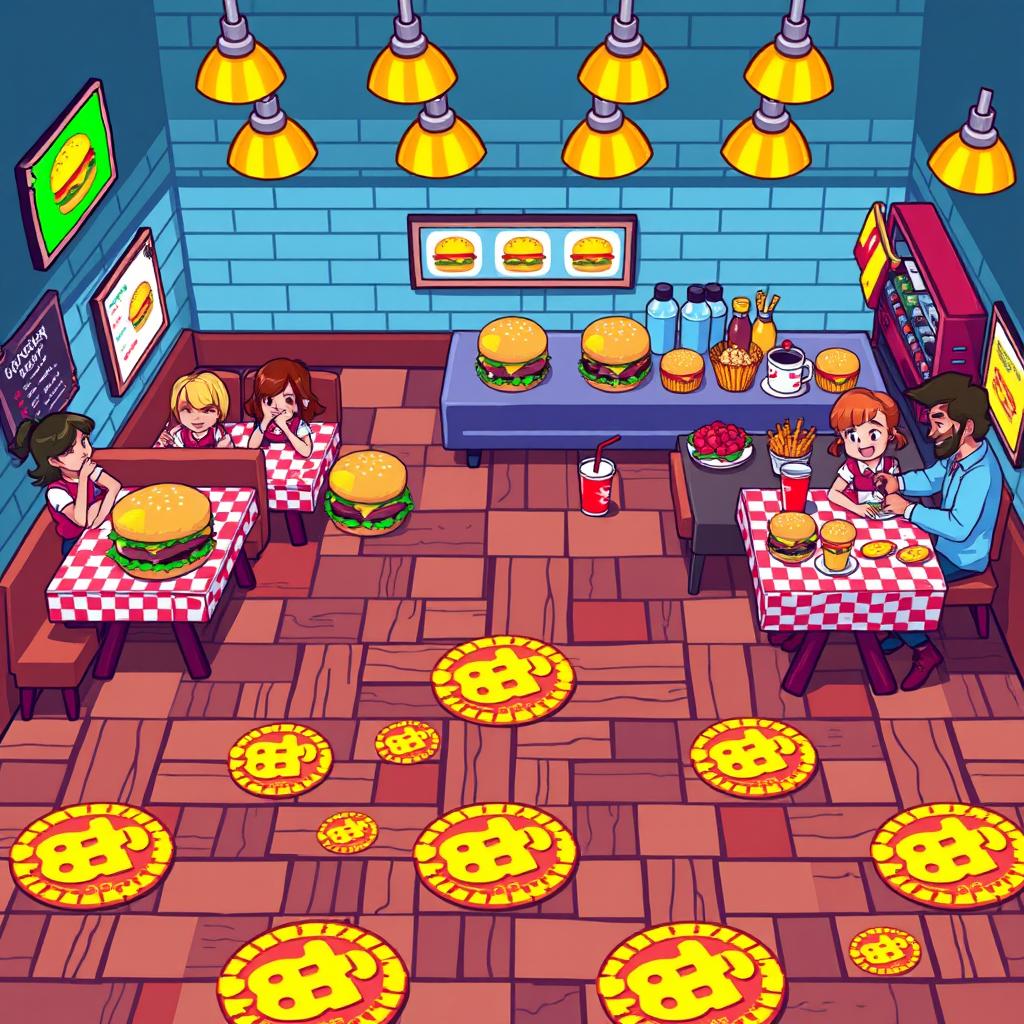 A pixel art scene depicting a vibrant hamburger restaurant setup