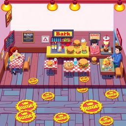 A pixel art scene depicting a vibrant hamburger restaurant setup