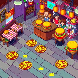 A pixel art scene depicting a vibrant hamburger restaurant setup