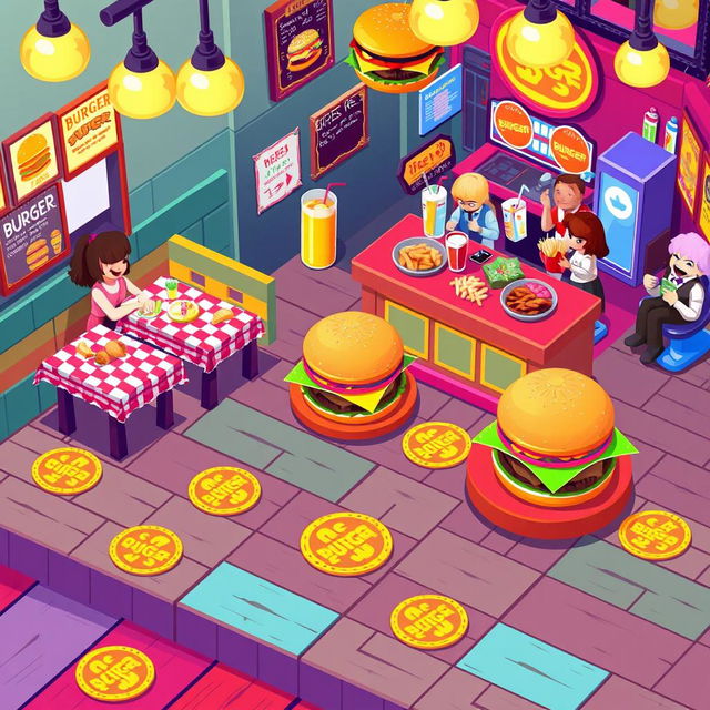 A pixel art scene depicting a vibrant hamburger restaurant setup