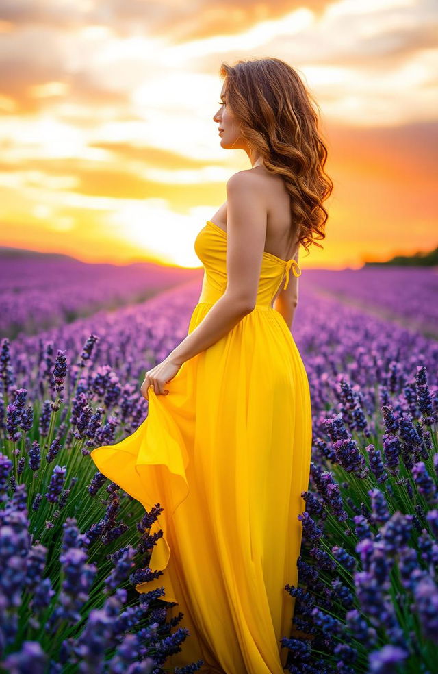 A beautiful woman wearing a bright yellow dress, with wavy curly hair, standing gracefully in a lush lavender field