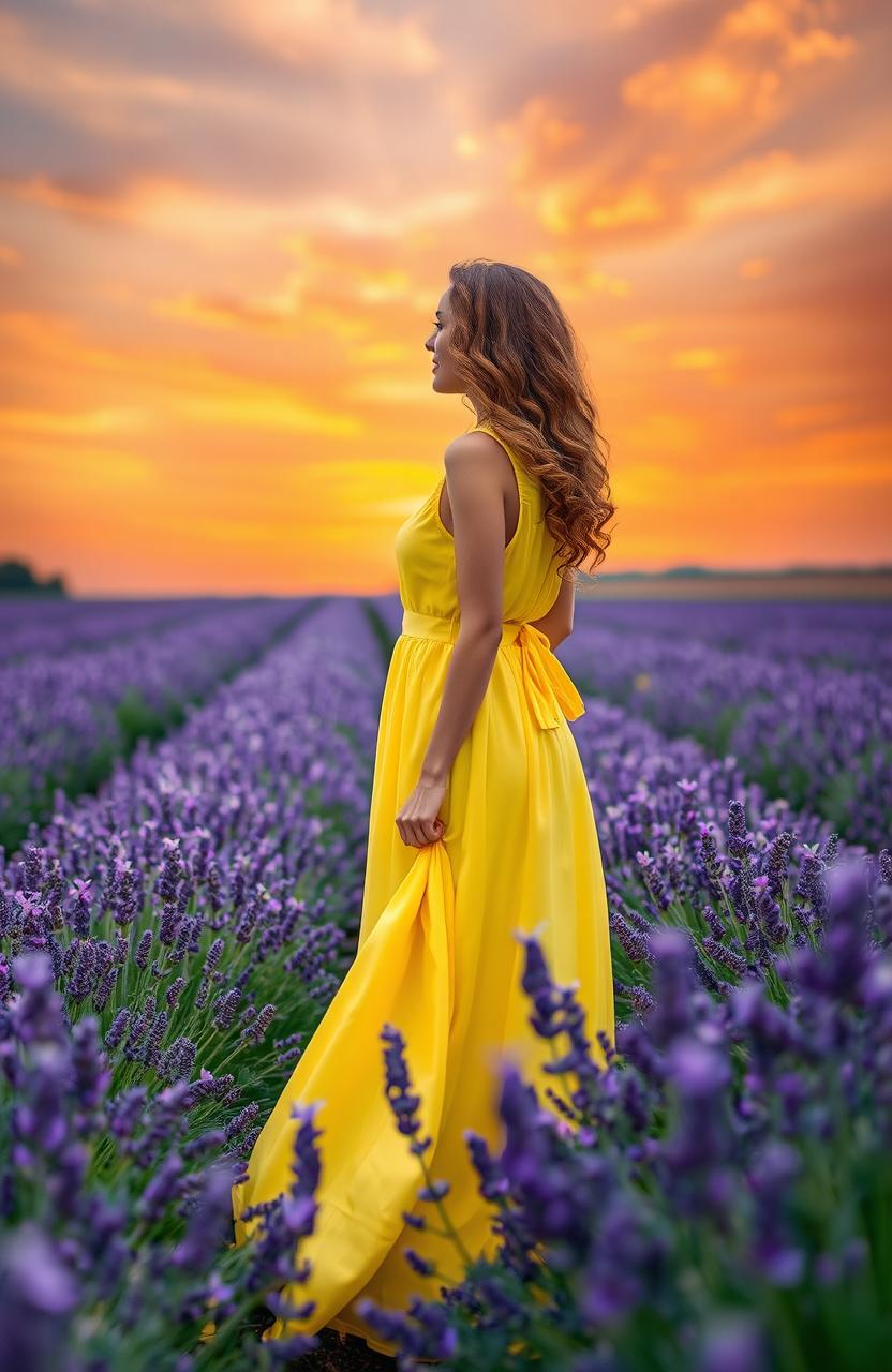 A beautiful woman wearing a bright yellow dress, with wavy curly hair, standing gracefully in a lush lavender field