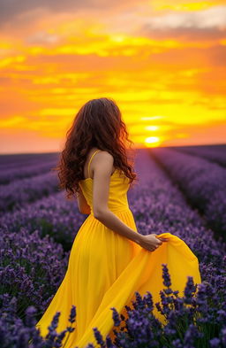 A beautiful woman wearing a bright yellow dress, with wavy curly hair, standing gracefully in a lush lavender field
