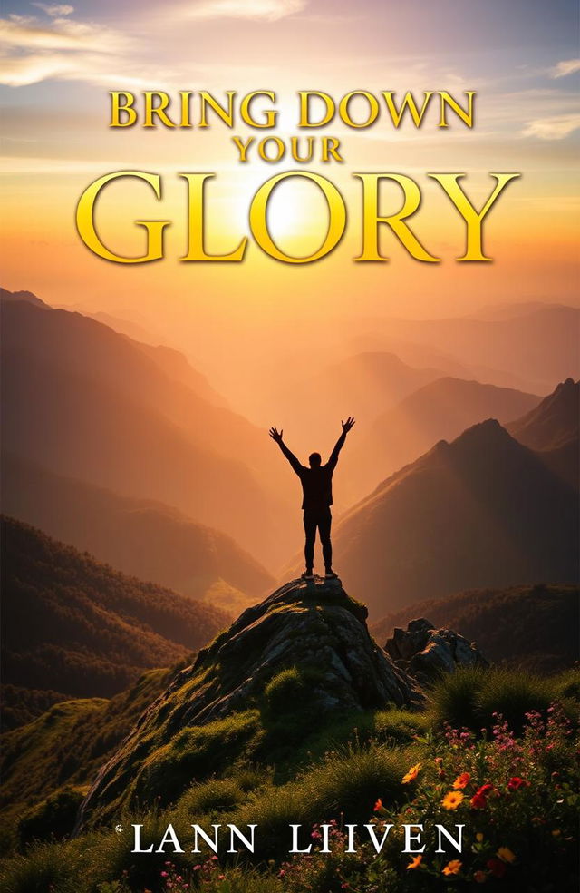 A stunning book cover for 'Bring Down Your Glory', featuring a majestic sunrise over a tranquil mountain landscape