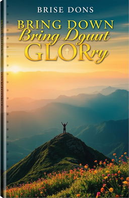 A stunning book cover for 'Bring Down Your Glory', featuring a majestic sunrise over a tranquil mountain landscape