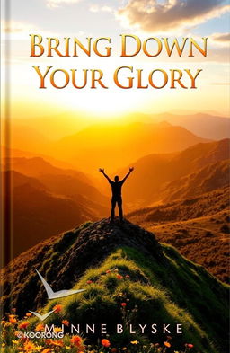 A stunning book cover for 'Bring Down Your Glory', featuring a majestic sunrise over a tranquil mountain landscape