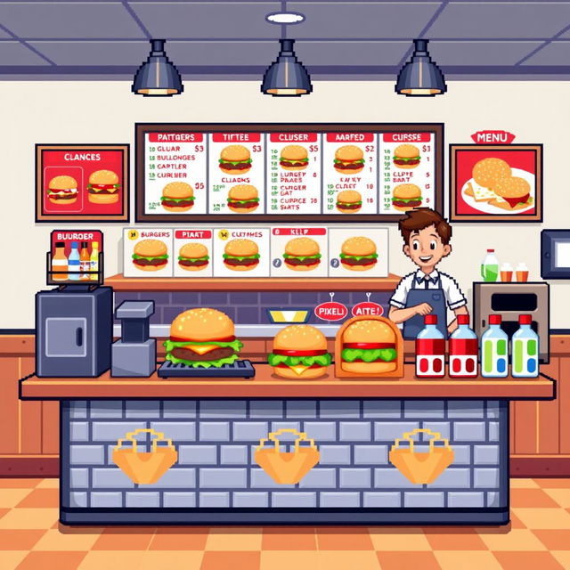 A pixel art representation of a counter for a hamburger restaurant, viewed from a front perspective