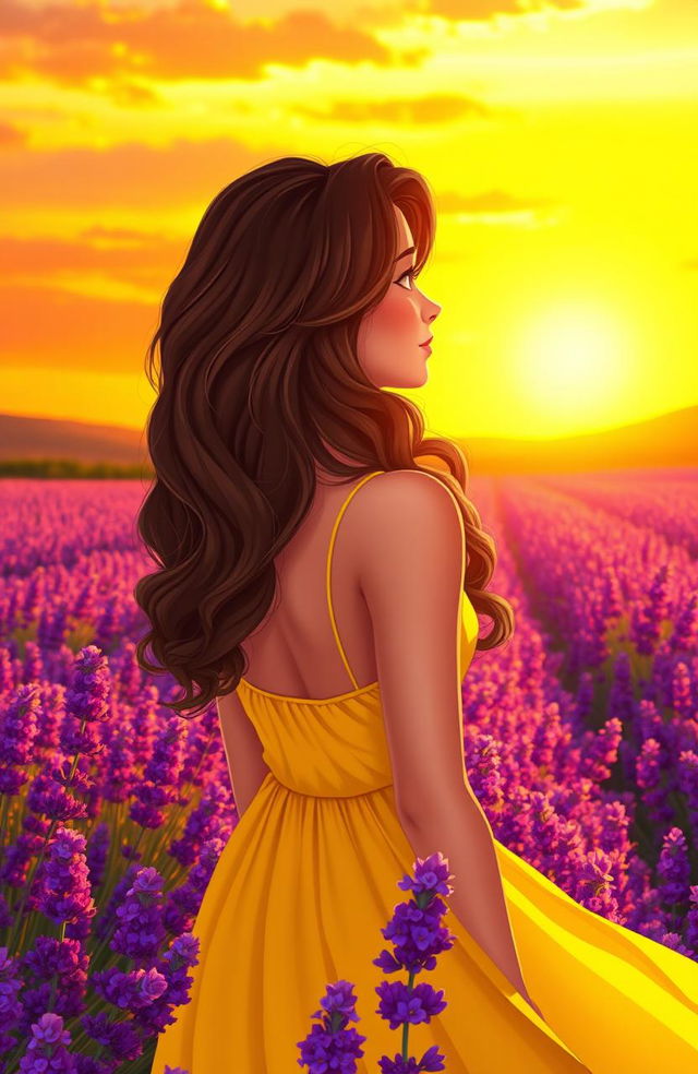 A beautiful woman with wavy curly hair, gazing at a stunning sunset