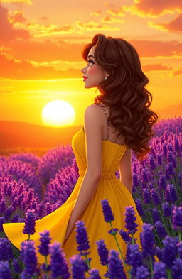 A beautiful woman with wavy curly hair, gazing at a stunning sunset
