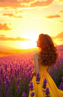 A beautiful woman with wavy curly hair, gazing at a stunning sunset
