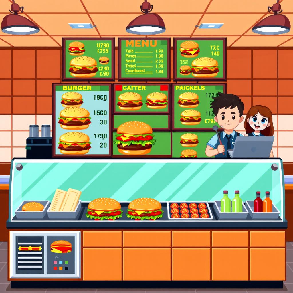 A pixel art representation of a counter for a hamburger restaurant, viewed from a front perspective