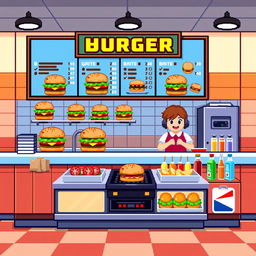 A pixel art representation of a counter for a hamburger restaurant, viewed from a front perspective