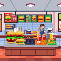 A pixel art representation of a counter for a hamburger restaurant, viewed from a front perspective