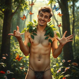 A humorous scene portraying a carefree male character in a whimsical forest setting, fully nude but strategically covered by playful leaves and flowers