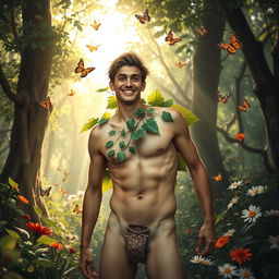 A humorous scene portraying a carefree male character in a whimsical forest setting, fully nude but strategically covered by playful leaves and flowers