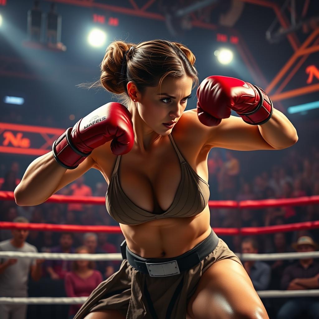 A fierce battle scene featuring Princess Leia in her iconic slave bikini, engaged in an intense boxing match