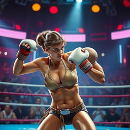 A fierce battle scene featuring Princess Leia in her iconic slave bikini, engaged in an intense boxing match