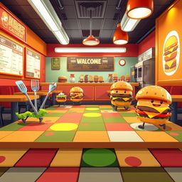 A 2D platforming scene set in a vibrant hamburger restaurant